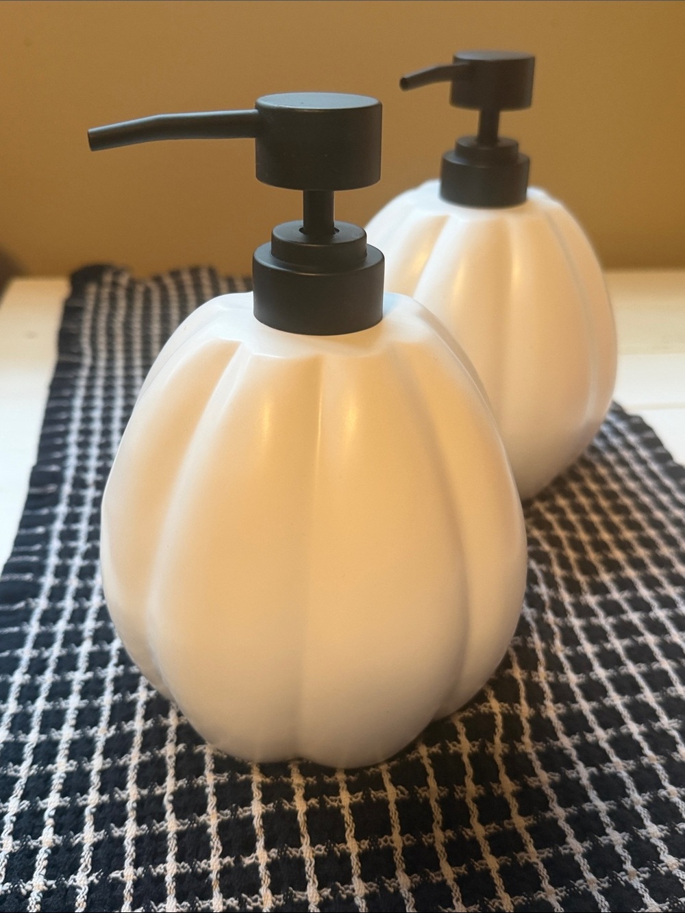 Set of two (2) White Ceramic Pumpkin Soap Dispensers with Black Pumps